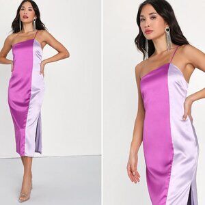 Lulus Flirty Intentions Purple Satin Color Block Midi Dress